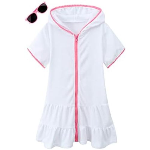 LUCKYGAL Girls Swim Cover Up Kids Swimsuit Coverup Terry Zip-Up Beach Bathing Suit Wraps with Sunglasses