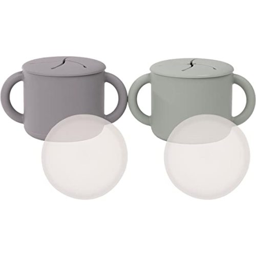 WeeSprout Snack Containers, Food Grade Silicone Snack Cups, Spill-Proof Tops For Toddlers and Babies, Premium Hard Plastic Travel Lids, Dishwasher Safe Toddler and Baby Cups, Set of 2 Snack Catchers - Matte Gray, Matte Green