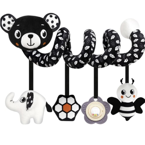 Baby Carseat Toy Black & White Rattle Spiral Hanging Activity Stroller Toy for Newborns Boys and Girls, Quality Gifts for Baby Shower - Bear