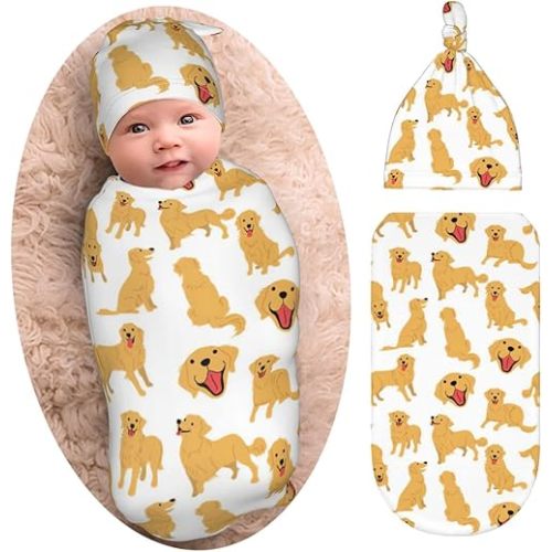 Golden Retriever Dogs Baby Stuff Newborn Swaddle Blanket with Beanie Set, Soft and Stretchy Baby Blanket Swaddle Wraps Sack for Boy and Girl