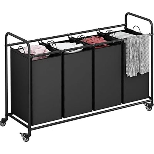 Laundry Sorter 4 Section Hamper Sorter with Heavy Duty Lockable Rolling Wheels Removable Bags Basket Separator for Dirty Clothes Storage,Black