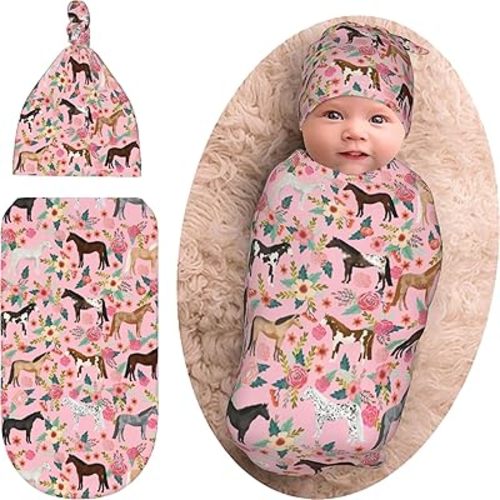 Horse Baby Stuff Gift for Girls Horse Baby Swaddle Blanket Beanie Set, Soft and Stretchy Pink Baby Blanket Newborn Swaddle Sack for Baby Shower