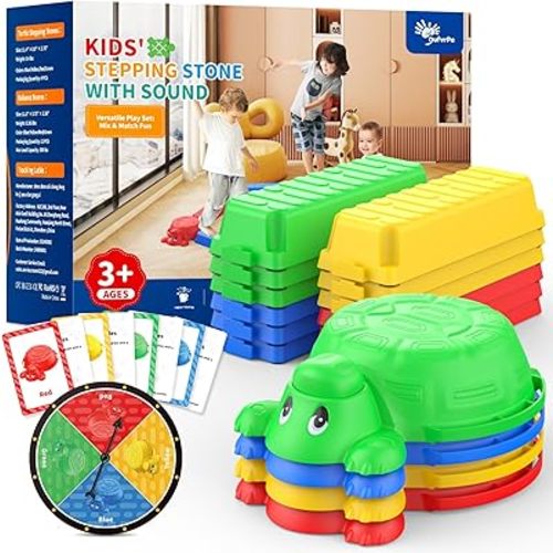 16 Pcs Balance Beam and Stepping Stones for Kids - 4 Turtle Shape Stepping Stones and 12 Connectable Beams with Sound Feature,Color Spinner, Riddle Cards, Fun Balance Training and Obstacle Course