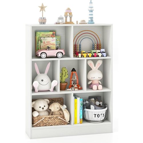 Costzon Montessori Shelf, 7-Section Toy Storage Organizer for Books Toys, 3 Tier Wooden Storage Cabinet, Kids Bookshelf for Playroom, Preschool, Classroom, Daycare (White)