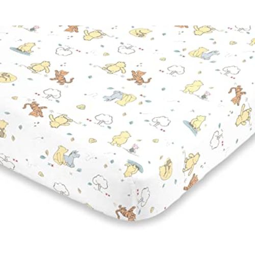 Disney Winnie The Pooh Classic Pooh 100% Cotton Fitted Mini Crib Sheet, Ivory, Butter, Aqua, Orange , 38x24x6 Inch (Pack of 1)