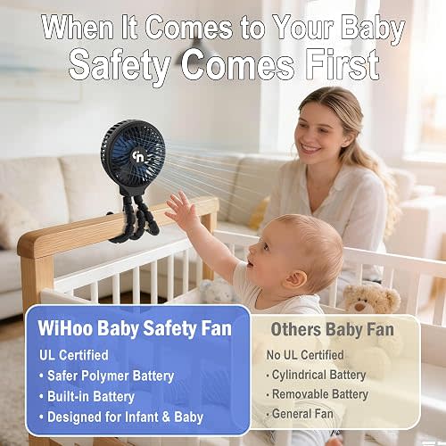 WiHoo Portable Stroller Fan, 11H Ultra-long Battery Life 3 Speed 360°Rotate, USB Rechargeable or Battery Operated Cooling Clip On Personal Fan for Baby Crib Travel Car Seat Black