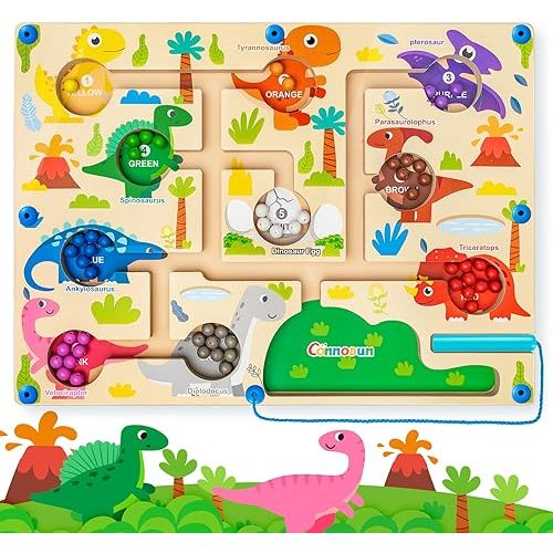 Magnetic Color and Number Maze, Montessori Counting Matching Learning Puzzle Board, Dinosaur Wooden Magnet Maze Game, Toddler Fine Motor Skills Travel Toys for Boys Girls 3 4 5 Years Old