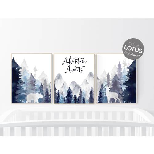 Nursery decor woodland, mountain wall art, tree nursery decor, adventure theme nursery, forest, navy and baby blue, woodland animals