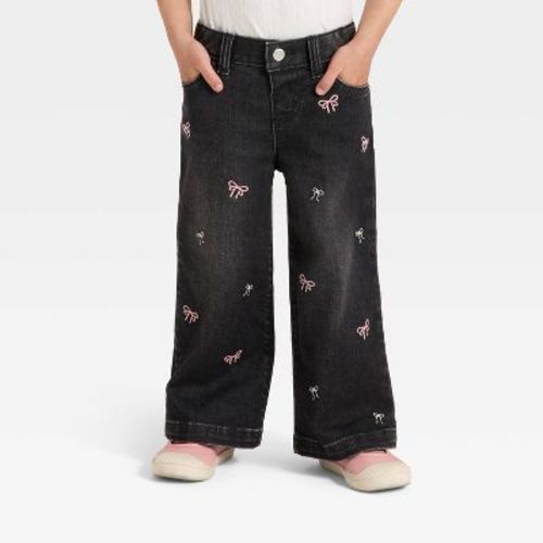 Toddler Girls' Embroidered Wide Leg Denim Pants - Cat & Jack™ Black