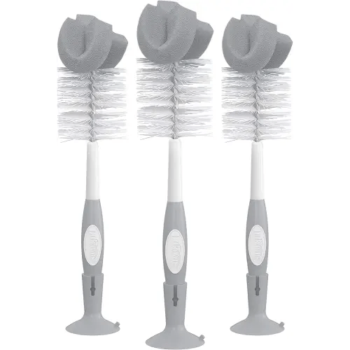 Dr. Brown's Reusable Sponge Baby Bottle Cleaning Brush Set with Suction Cup Stand, Scrubber and Nipple Cleaner, Gray, 3 Pack