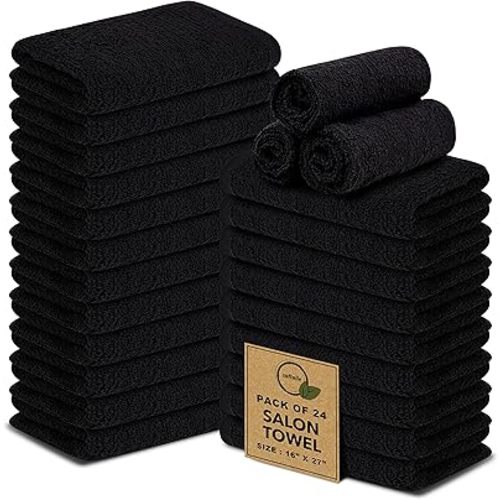 Softolle 100% Cotton Ring Spun Salon Towels – Bulk Pack of 24 Hand Towels - Ultra Soft and Highly Absorbent - 16" x 27" Inches (Black)