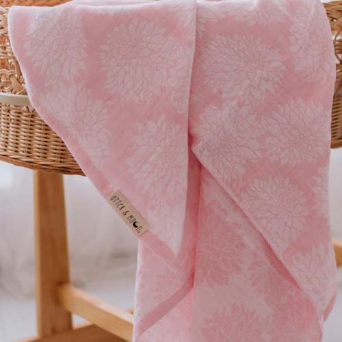 Soft Spun Cotton Jacquard Muslin Swaddle 47 x 47 in Peony Pink/Water Lily Dahlias