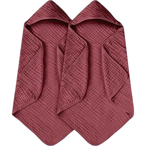 Hooded Baby Bath Towel 2pcs - 100% Cotton, Super Absorbent & Soft Swaddle, Gentle Bath Towel with Hood for Infants 0-3 Years - Machine Wash Baby Care Essentials (Red)