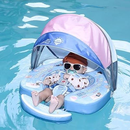 Mambobaby Baby Pool Float with Canopy & Tail Non-Inflatable Solid Baby Swim Float for Infants Toddlers 3-24 Months Upgrade Soft Waterproof Skin-Friendly Material Infant Swimming Float