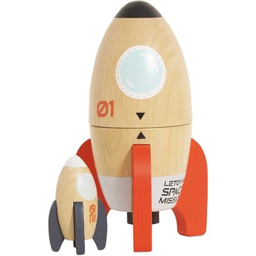 Le Toy Van Wooden Space Rocket Duo Toy, Plastic Free with Hidden Mini Rocket, Suitable for 24+ Months, Girls and Boys