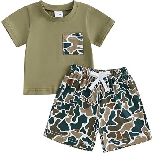 PUHHAPIEY Toddler Baby Boy Summer Clothes Retro Camo Hunting Shirts T-Shirt + Camouflage Shorts Set 6 12 18 24 Months 2T 3T