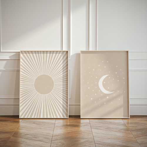 Neutral Sun and Moon Wall Art set of 2 | Beige Home Decor for Apartment Bedroom Living Room Art Print Set | Set of 2 Posters