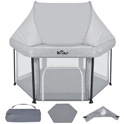 Bear Baby Playpen, Outdoor Play Yard Foldable Playpen with Canopy Mat for Babies Toddlers, Portable Indoor Kids Activity Fence Pack and Play