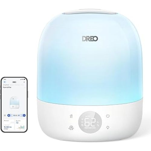 DREO Humidifier 409S, Humidifiers for Bedroom Baby, Ultra Quiet 28dB & 3L Top Fill Cool Mist Humidifier for Nursery, Smart Air humidifier for Plants, 1500+ RGB Night Light & Sleep Routine Trainer