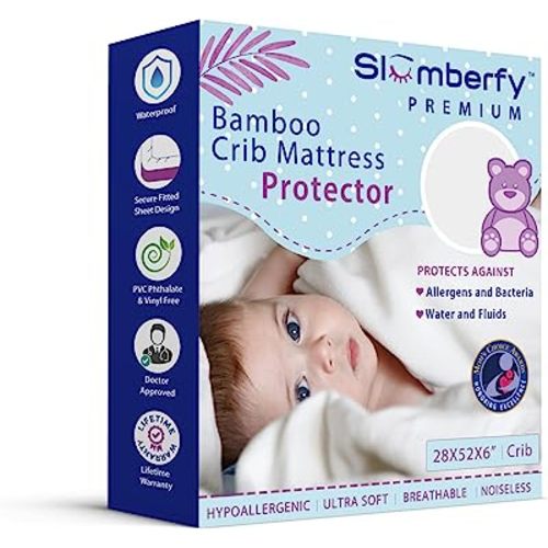 Bamboo Crib Mattress Protector by Slumberfy, Waterproof and Hypoallergenic Mattress Protector for Babies and Toddlers, Made of Bamboo Material, Mom's Choice Award Winner-29x52x6 inches