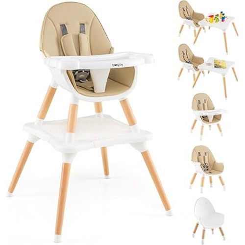 BABY JOY 6 in 1 High Chair, Convertible High Chairs for Babies and Toddlers/Booster Seat/Table and Chair Set, Infant Wooden Highchair w/ 5-Point Harness, 4-Position Removable Tray & PU Cushion (Khaki)