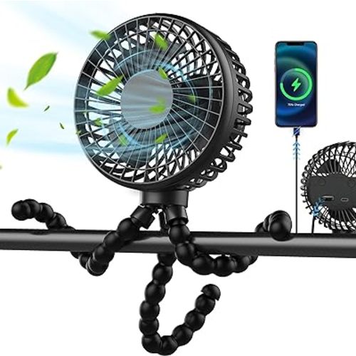 Stroller Fan, Portable Baby Fans with Timer, 4 Speeds 6000mAh Rechargeable Battery Operated Fan for Baby Stroller and Car Seat, Stroller Clip On Fan Travel Accessories, Ventilador Portatil Para Bebe