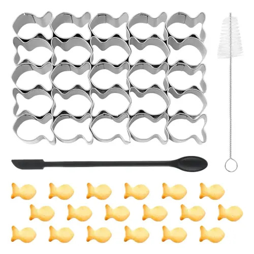 Goldfish Cracker Cutter, 25 Cavity Fish Cookie Cutter, Mini Gold Fish Shapes Molds for Cookie, with Cleaning Brush, Silicone Spoon Spatula, for Baking