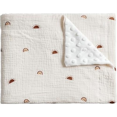 Meracorallo 30" x 40" Baby Blankets, Cozy Soft Muslin Fleece Nursery Blanket, Infant Toddler Bedding Crib Cot Stroller Blanket with Muslin Cotton Front and Minky Dotted Fleece Backing, Sun Rainbow