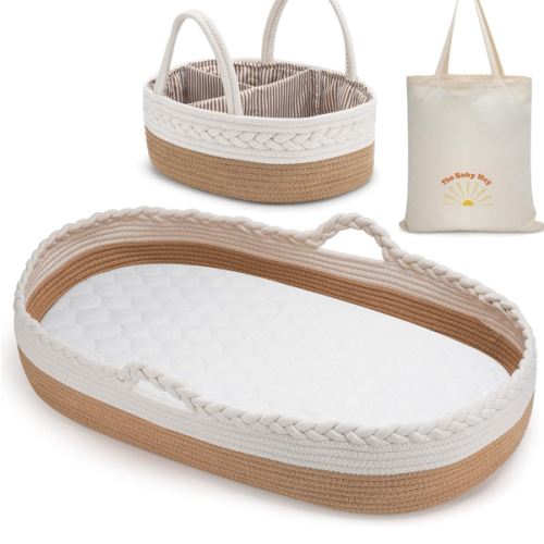 Baby Changing Basket by The Baby Wey, Moses Basket, Foam Basket Pad, 2 Washable Waterproof Pad Covers, Matching Diaper Caddy, Cloth Tote Bag for Traveling, Portable Changing Pad