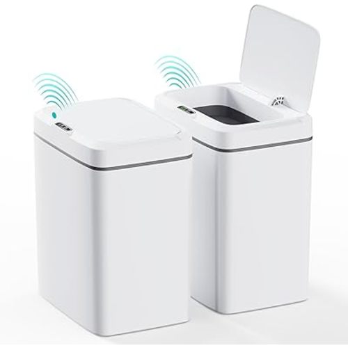 CEROELDA 2 Pack Motion Sensor Bathroom Trash Can with Lid, 2.6 Gallon Small Smart Automatic Touchless Garbage Can, Slim Waterproof Plastic Wastebasket for Bedroom Office Toilet, White