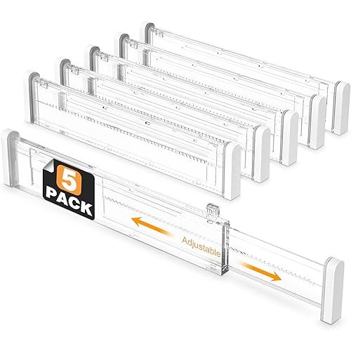 HiYZ 5 Pack Adjustable Drawer Dividers 2.36'' High, 12.6''-22.8'' Expandable Kitchen Drawer Organizers for Utensils, Tools, Socks, Plastic Drawer Separators in Kitchen, Dresser, Office