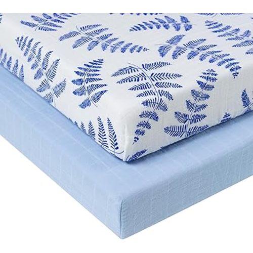 Margaux & May Organic Muslin Crib Sheet 2-Pack – 100% Organic Cotton, Fitted Crib Mattress Sheet, Soft & Breathable, Standard 28” x 52” Baby Crib Sheet, Blue Fern and Classic Blue Print