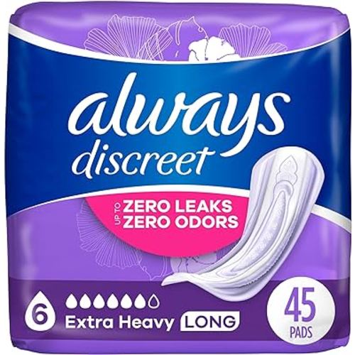 Always Discreet Adult Extra Heavy Long Incontinence Pads, Up to 100% Leak-Free Protection, White 45 Count (Packaging May Vary)