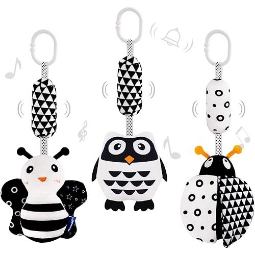 AIPINQI 3 Pack Hanging Rattle Toys,High Contrast Baby Toys and Plush Stroller Toys for Babies 0-18 Months,Newborn Car Seat Toys with Black and White Cartoon Shapes,(Ladybug,Bee & Owl)