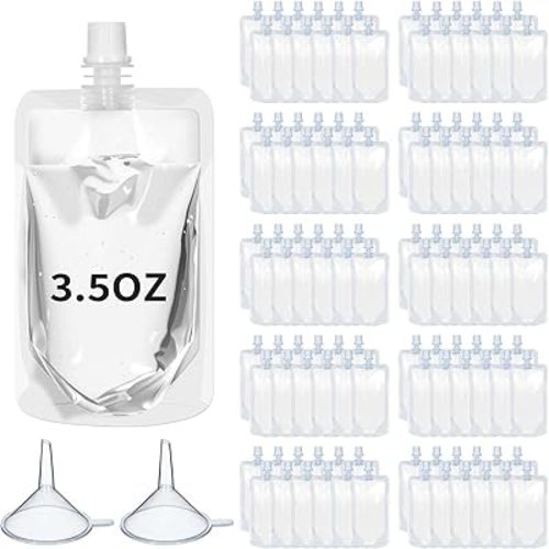 Meanplan 100 Pcs Plastic Pouches Bulk Reusable Squeeze Pouches Clear Plastic Juice Leak Proof Bags with Funnel for Party Favors Supplies(3.5 oz,Straight Mouth)
