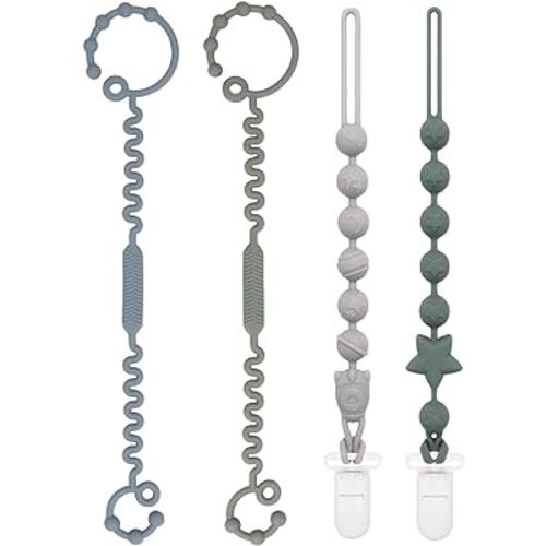 Babygoal Silicone Pacifier Clips 4 Pack,2pcs Pacifier Holder Clip with 2pcs Toy Strap Chain for Baby Boy Girl Fits All Pacifier,Binky,Teething Toys,Highchairs,Car Seat,Strollers-Neutral Color