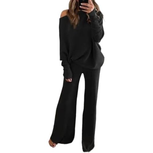 Fixmatti Womens Knitted Outfits 2 Pieces Sweatsuit High Neck Sweater Wide Leg Pant Set