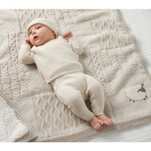 Sheep Patchwork Cable Heirloom Baby Blanket