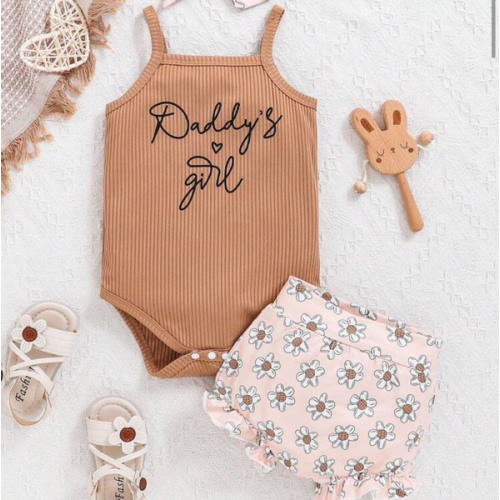 Baby Girl Spring Letter Printed Sleeveless Bodysuit And Daisy Printed Bloomers Cute Outfit