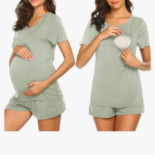 Ekouaer Maternity Nursing Pajamas Set Short Sleeve Breastfeeding Sleepwear Double Layer Postpartum Top and Shorts Set