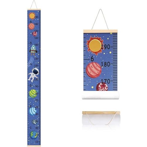 Growth Chart for Kids, Canvas Height Chart Ruler Removable Wood Hanging Wall Ruler Measurement Chart for Home Decoration (Spaceblue)