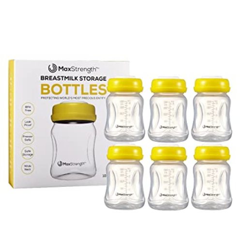 Breastmilk Bottles 6pc Set with Leak Proof Lids by Max Strength Pro, 6.oz 180ml Reusable Wide Neck Bottles Best for Breast Milk Collection & Storage Solution, BPA Free, Fits Spectra & Avent Models - 6 Count (Pack of 1)