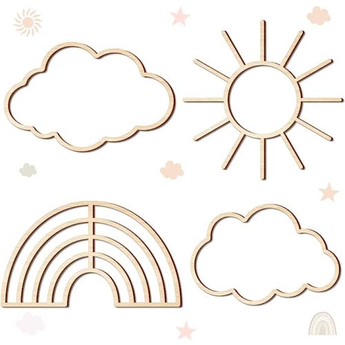 4 Pieces Boho Nursery Cloud Star Wall Decor Wooden Babyroom Moon Rattan Wall Decor Wooden Rainbow for Children Baby Kids Boys Girls Bedroom Nursery Pendant(Cloud Rainbow Sun)