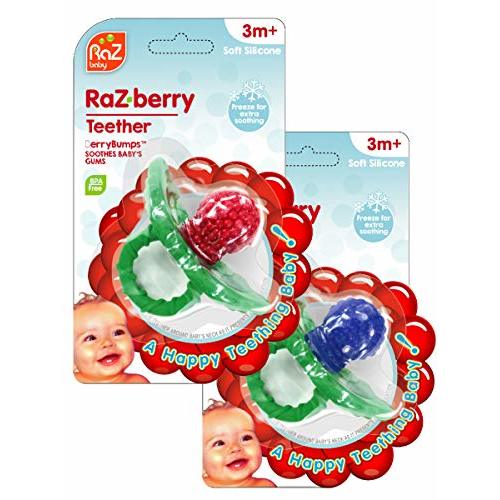 RaZbaby 2-Pack Silicone Berrybumps Baby Teething Toys - BPA Free, Hands Free Design, Teething Relief - Blue & Red - 2 Count (Pack of 1)
