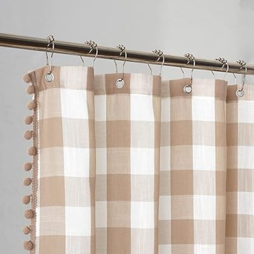 VOILYBIRD Tan and White Buffalo Plaid Boho Shower Curtain for Bathroom 72” x 72”