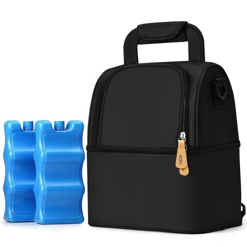 NCVI Breastmilk Cooler Bag with 2 Ice Pack, Breast Pump Bag with Cooler Fits 6 Bottles, Double Layer Breast Milk Baby Bottle Cooler Bag, for Travel, Nursing Mom Daycare, Work, Picnic (Black)