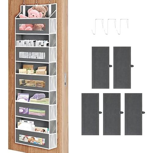 5-Tier Over The Door Storage Organizer with 10 Side Mesh Pockets, 48 lbs Load Capacity, 3 Hooks Design, Door Hanging Organizer with Clear Windows for Bathroom, Bedroom, Nursery, Kitchen-Grey