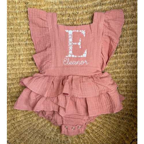Baby Girls Floral Initial + Name Embroidered Romper - Toddler Girls Personalized Monogram Bubble - Girls Customized Letter Ruffle Dress