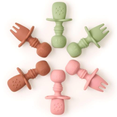 Tooshka® Baby Utensil Set (6 pcs) - Self Feeding Spoons - Silicone & BPA Free - Baby-Led Weaning (BLW) Supplies - Ages 6+ Months - Set of 6 - Brown, Green, & Pink