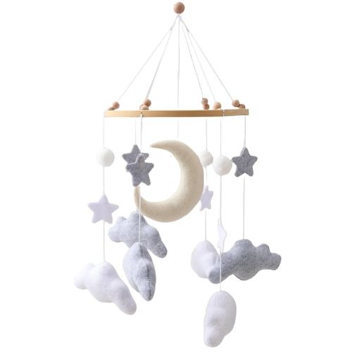 Gray Pink White Cloud Moon Themed Nursery Mobile,Crib Mobile for Baby Boys Girls,Handmade Baby Mobile,Adjustable Cotton Felt Soft Ceiling Mobile,Baby Shower Gifts for New Moms (Gray)